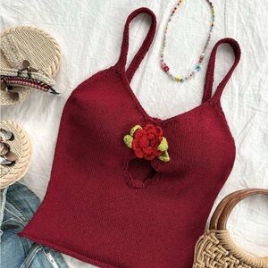 Red Knit Tank Top with Floral Accent